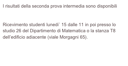 I risultati della seconda prova intermedia sono disponibili alla pagina https://web.math.unifi.it/users/gentili/archivioesiti0809/EsitoIGS-1-090612.pdf
Ricevimento studenti lunedi` 15 dalle 11 in poi presso lo studio 26 del Dipartimento di Matematica o la stanza T8 dell’edificio adiacente (viale Morgagni 65).